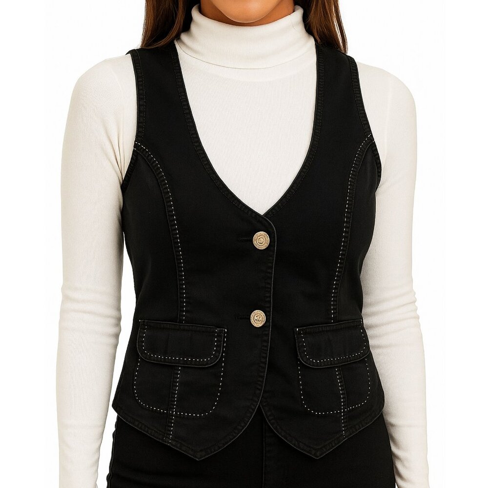 Vintage Y2K Point Zero Black Vest Contrast Stitch Utility Cropped Waistcoat Sz S